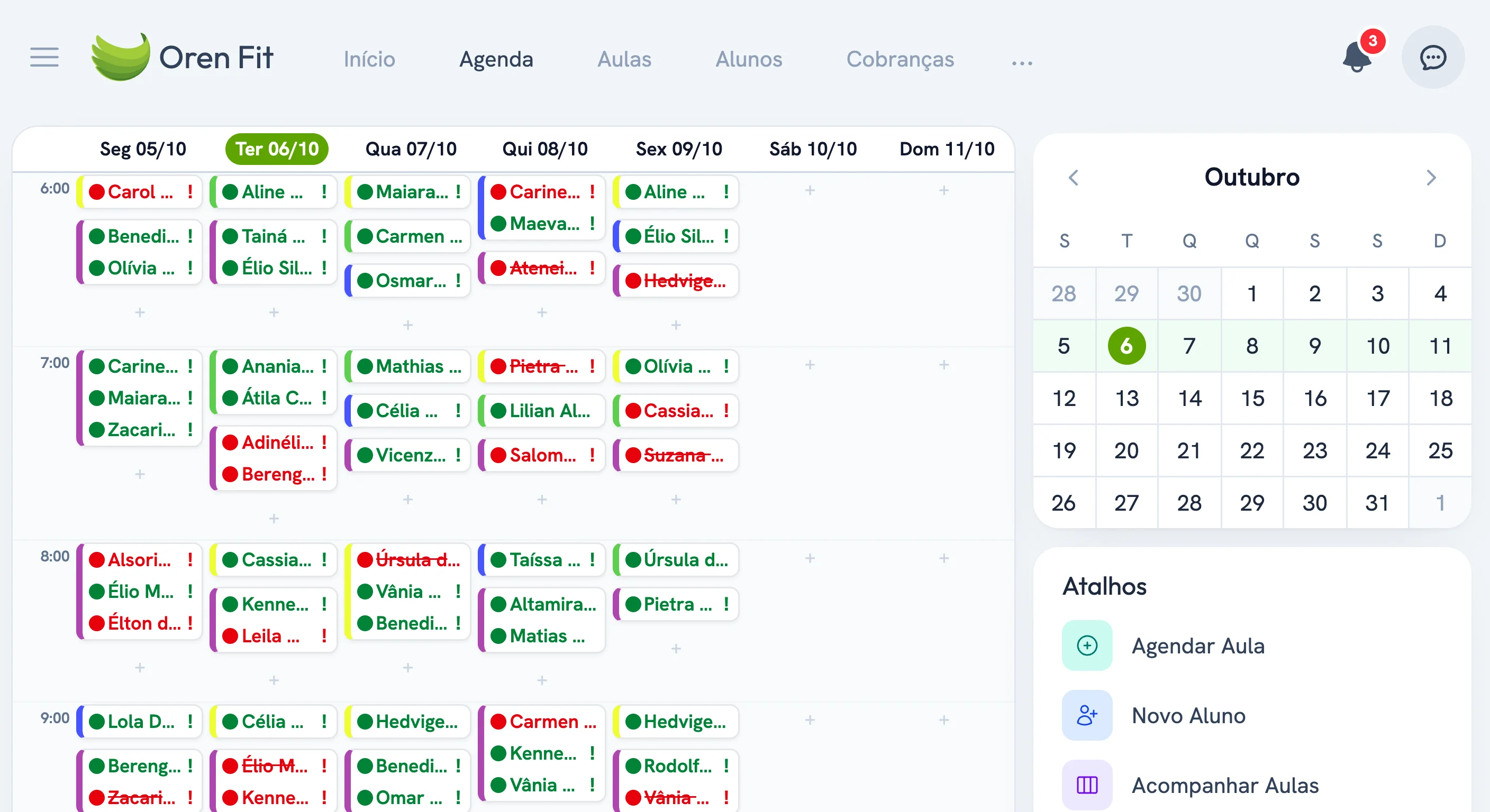 Tela de Agenda no Oren Fit