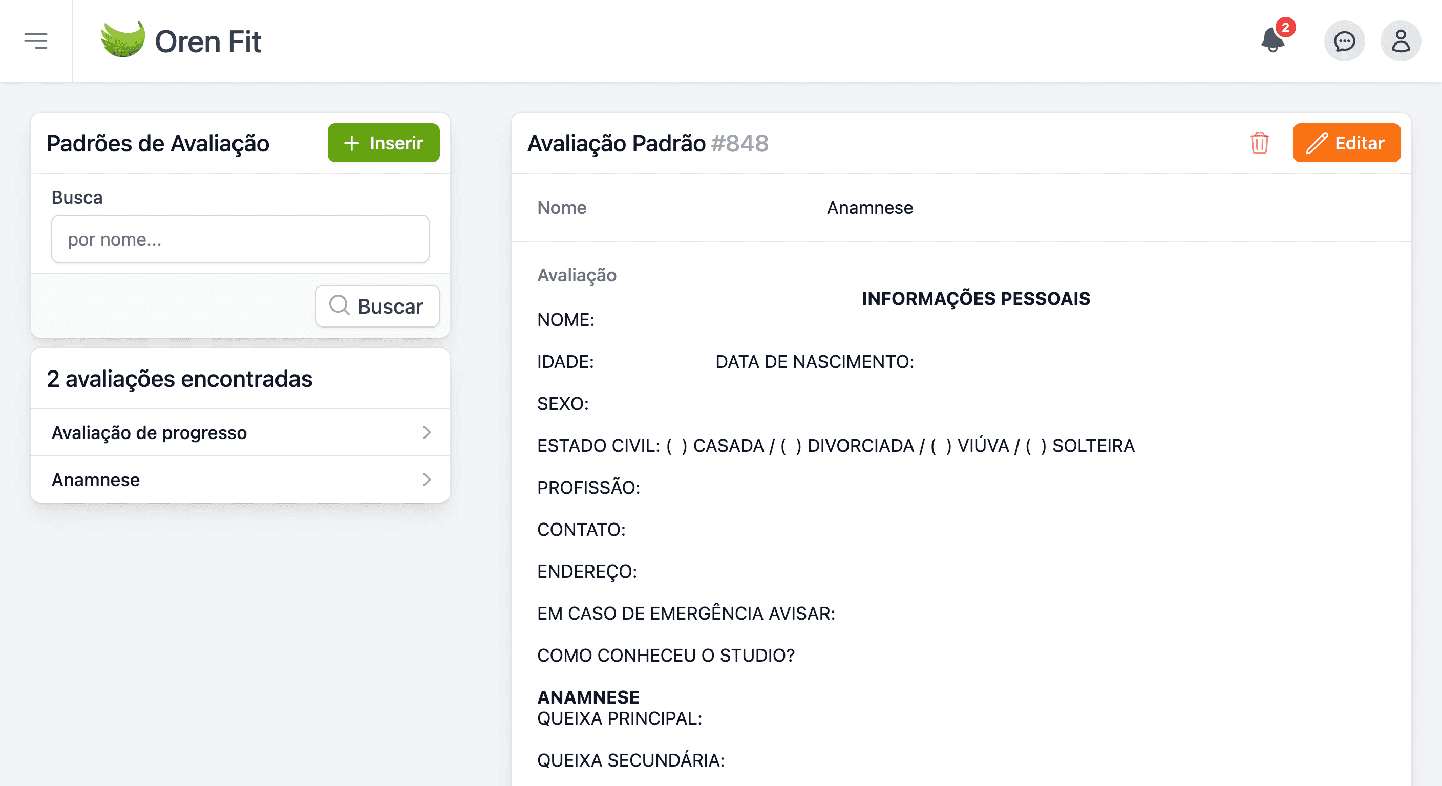 Tela de Avaliações e Evolução do Aluno no Oren Fit