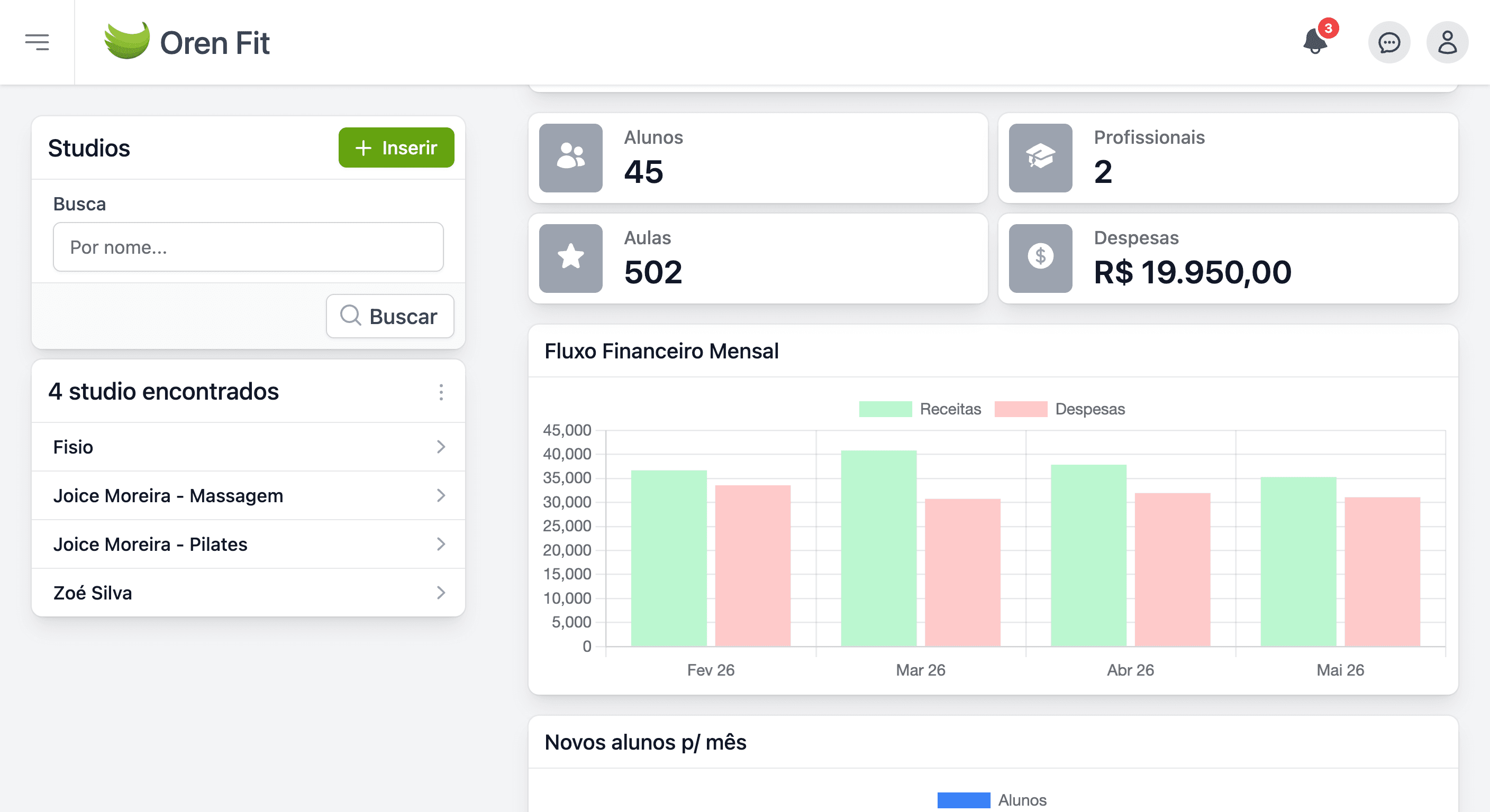 Tela de Controle Financeiro no Oren Fit