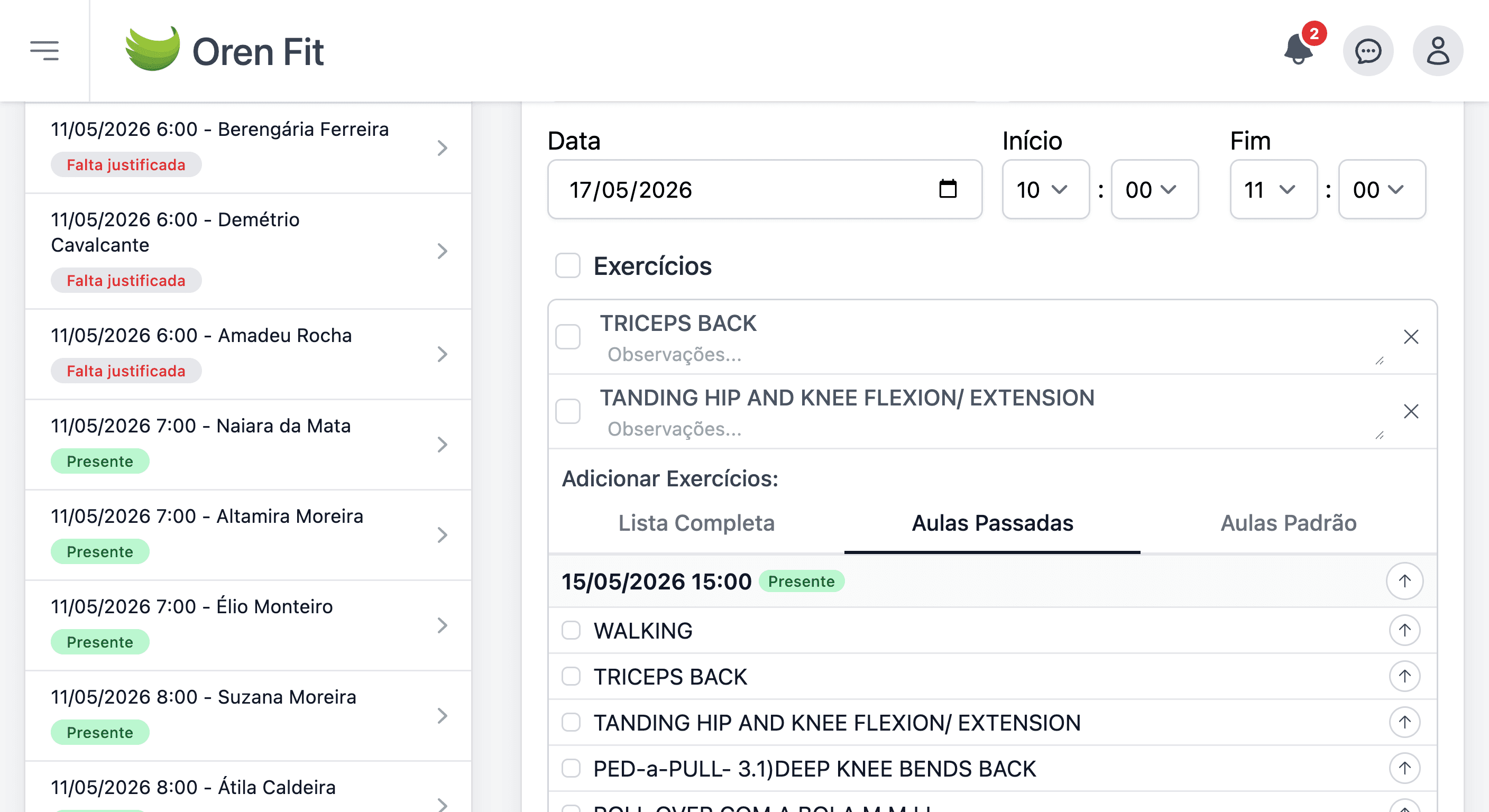 Tela de Plano e Acompanhamento de Aulas no Oren Fit